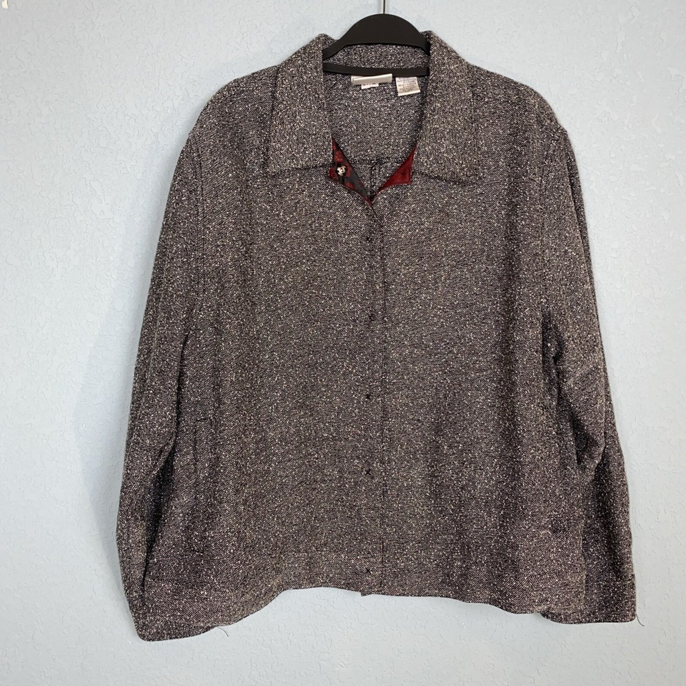 CHICOS DESIGN Shirt Jacket Women's 3 (Large) Gray Snap‎ Tweed Rayon Lightweight